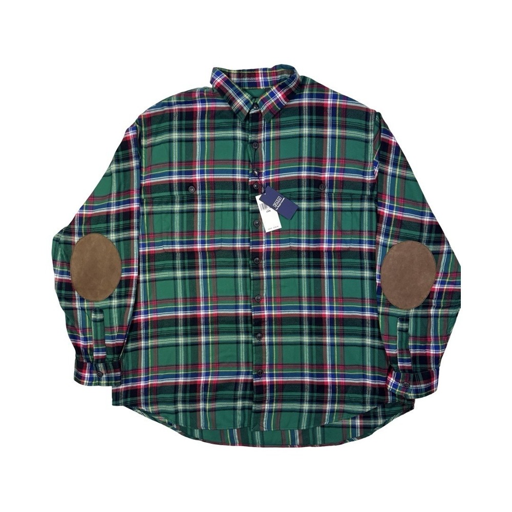 Polo Ralph Lauren Men's 2XB Plaid Flannel Workshirt Suede Patches Green NWT